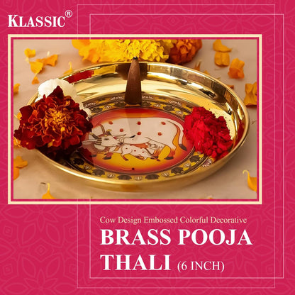 Klassic 8 Inch Handcrafted Brass Aarti Thali with Cow Design for Puja, Diwali & Navratri