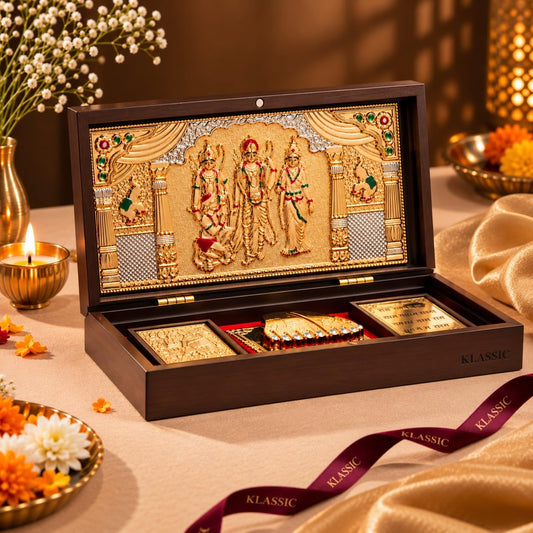 Klassic Ram Darbar Plastic Pooja Box with Hanuman Ji & Gold Plated Temple Frame