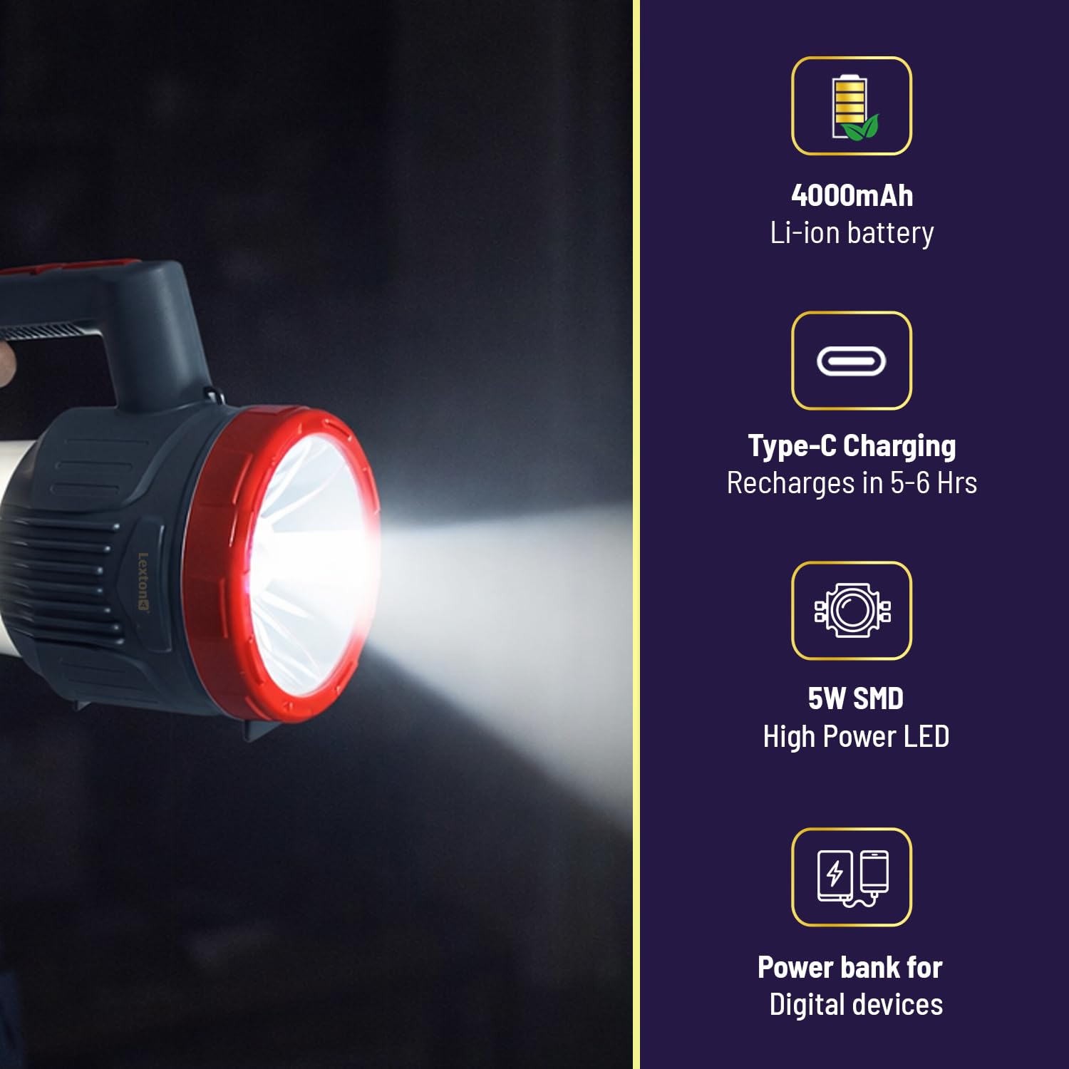 Lexton Omni Plus Rechargeable Torch Lantern, 4000mAh, 5W LED, Type-C iCraft by Eagle