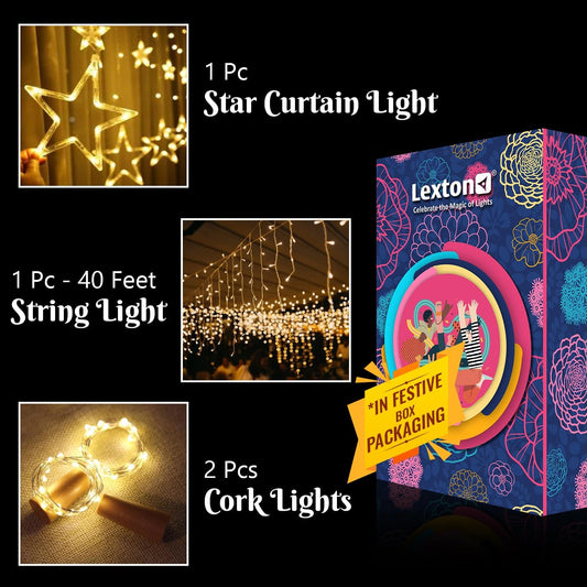 Lexton Festival Lighting Combo  String Light +Star Curtain +Cork Lights
