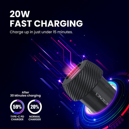 Portronics 20W Car Charger – Dual Port USB & Type-C Fast Charging (Black)