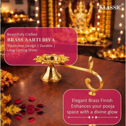 Klassic 9 Inch Brass Aarti Diya with 11 Small Batti & 1 Big Batti for Mandir, Aarti & Puja