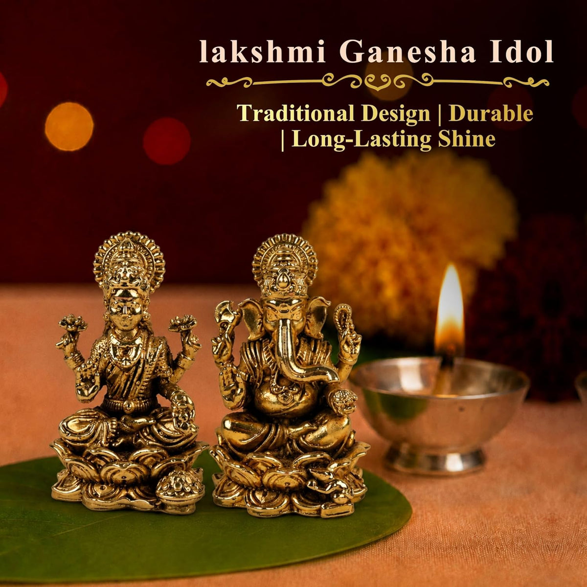 Klassic 1.5 Inch Pure Brass Ganesha & Lakshmi Idol Set | Pooja Murti Combo
