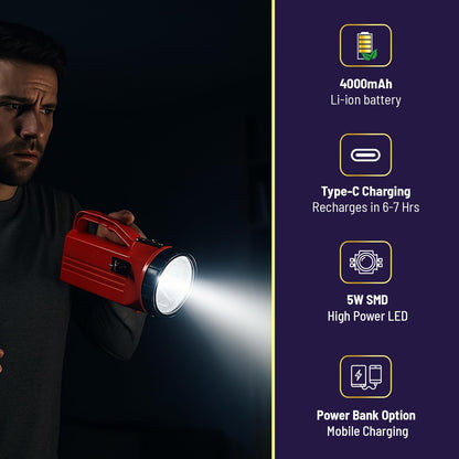 Lexton Thunder 5W Torch 4000mAh, Type-C Rechargeable, Powerbank, 2 Modes