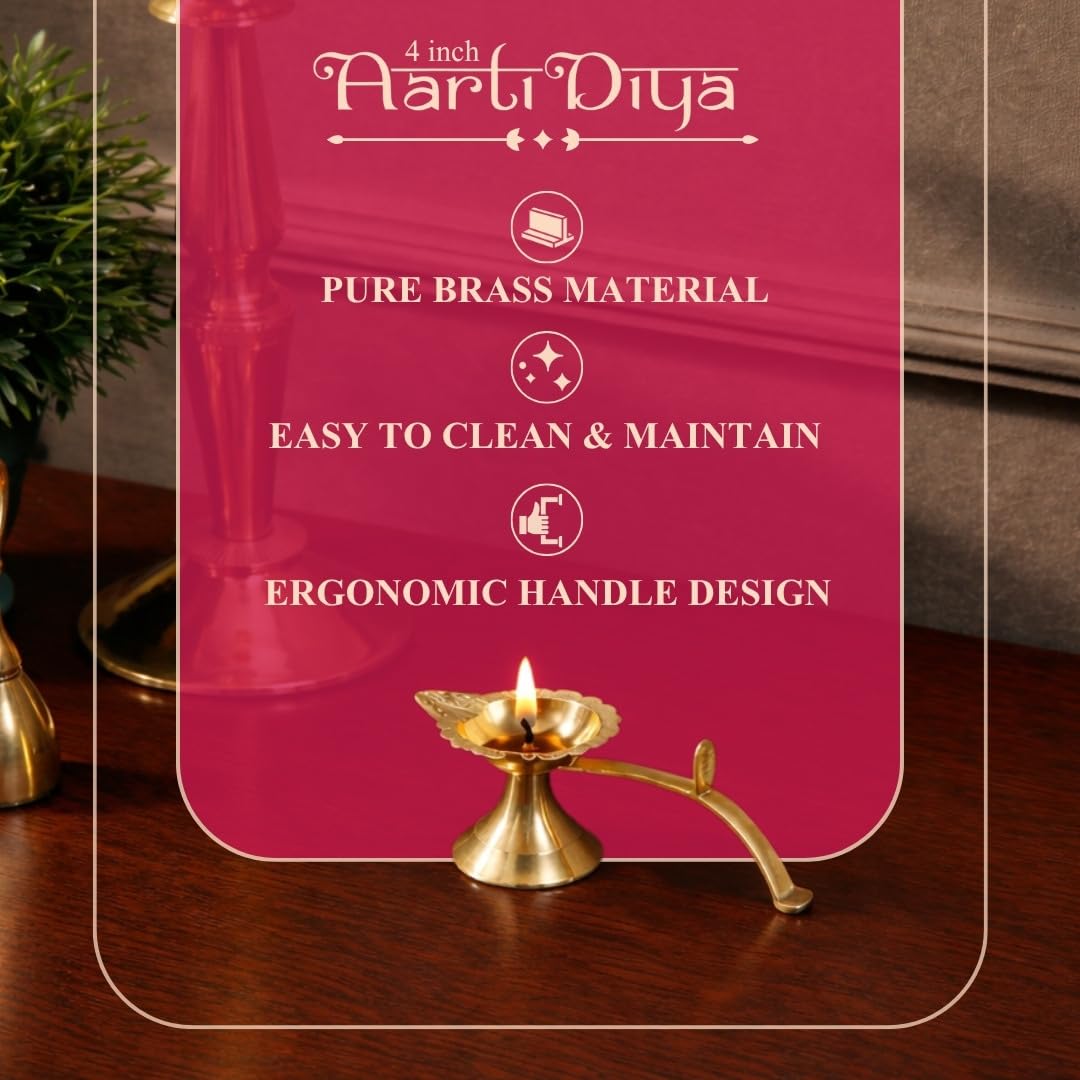 Klassic 4 Inch Pure Brass Aarti Diya for Puja, Home Temple, Mandir & Diwali Decor