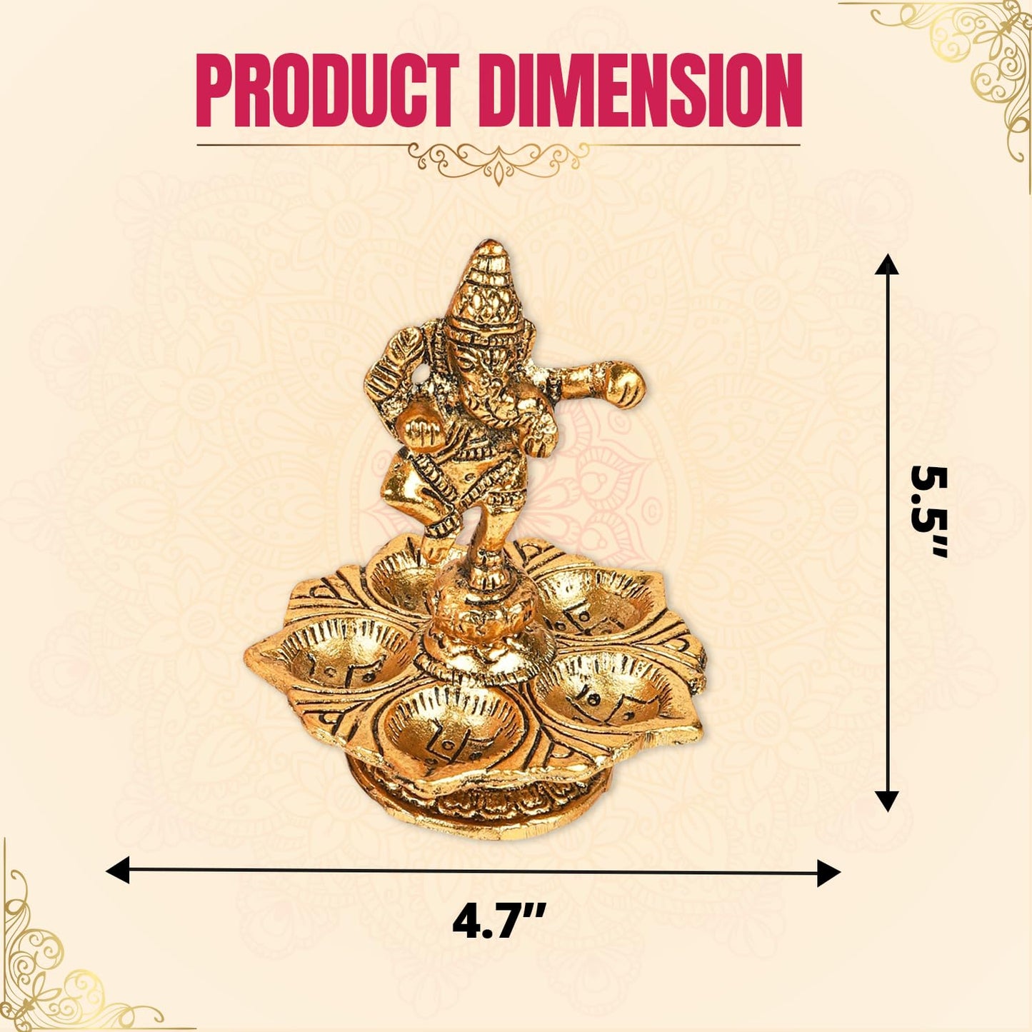 Klassic Antique Ganeshaji Metal Diya | Gold Plated 5 Batti Oil Lamp