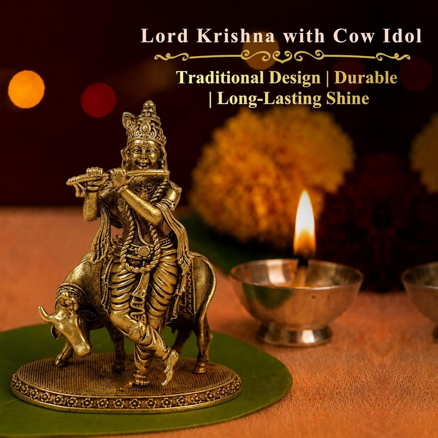 Klassic 3 Inch Brass Lord Krishna Idol with Cow | Mandir & Home Decor