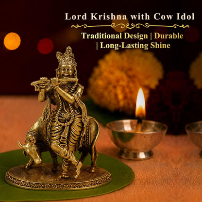 Klassic 3 Inch Brass Lord Krishna Idol with Cow | Mandir & Home Decor