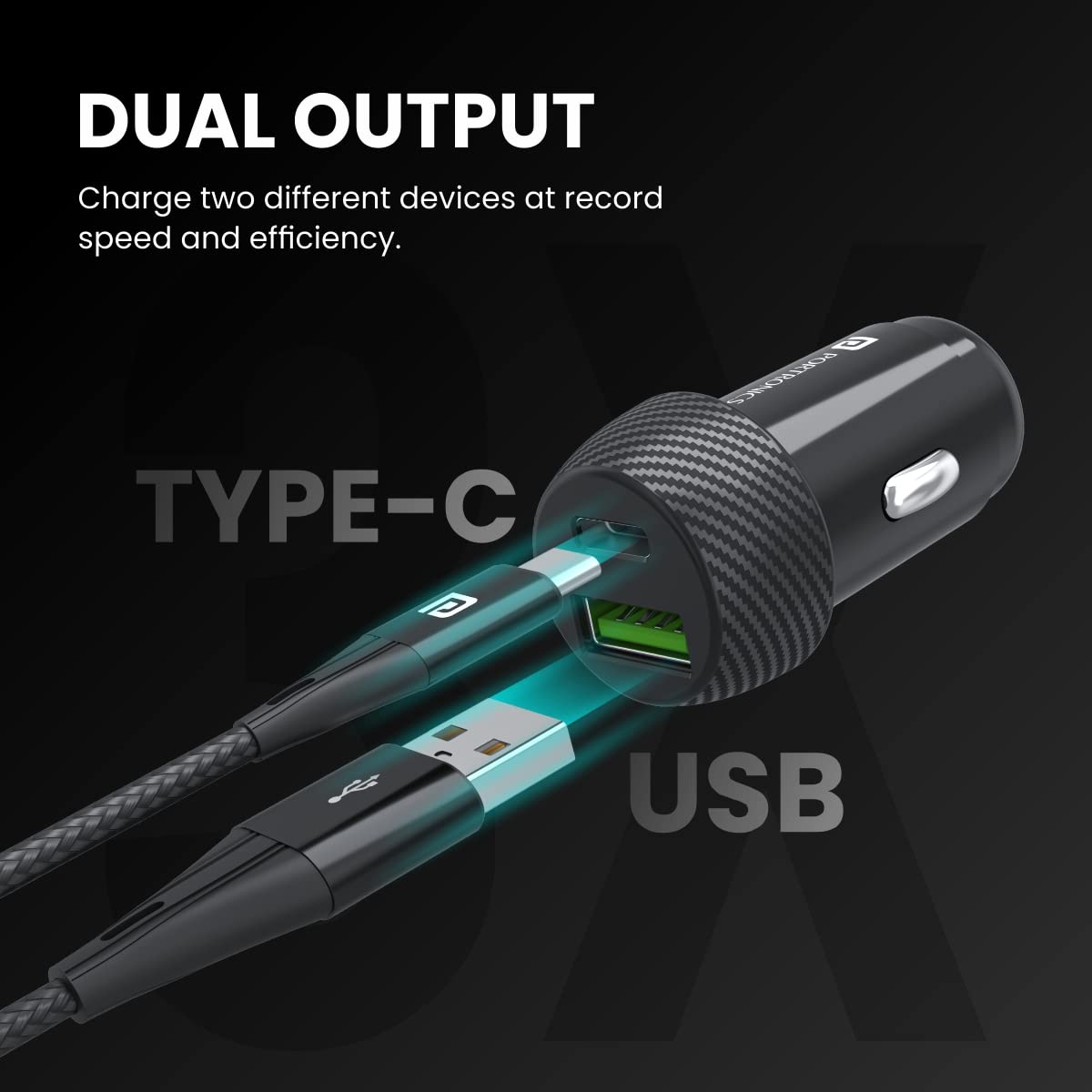 Portronics 20W Car Charger – Dual Port USB & Type-C Fast Charging (Black)