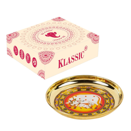 Klassic Handcrafted Brass Puja Thali | 6 Inch Cow Design Plate