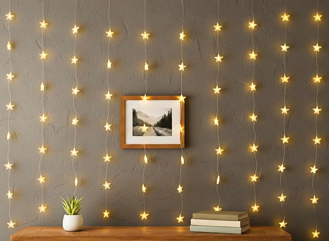 Lexton Warm White Star Curtain Lights | 80 LEDs, 8 Modes, USB Powered