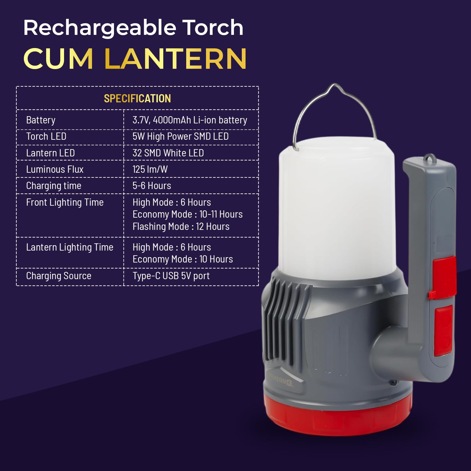 Lexton Omni Plus Rechargeable Torch Lantern, 4000mAh, 5W LED, Type-C iCraft by Eagle