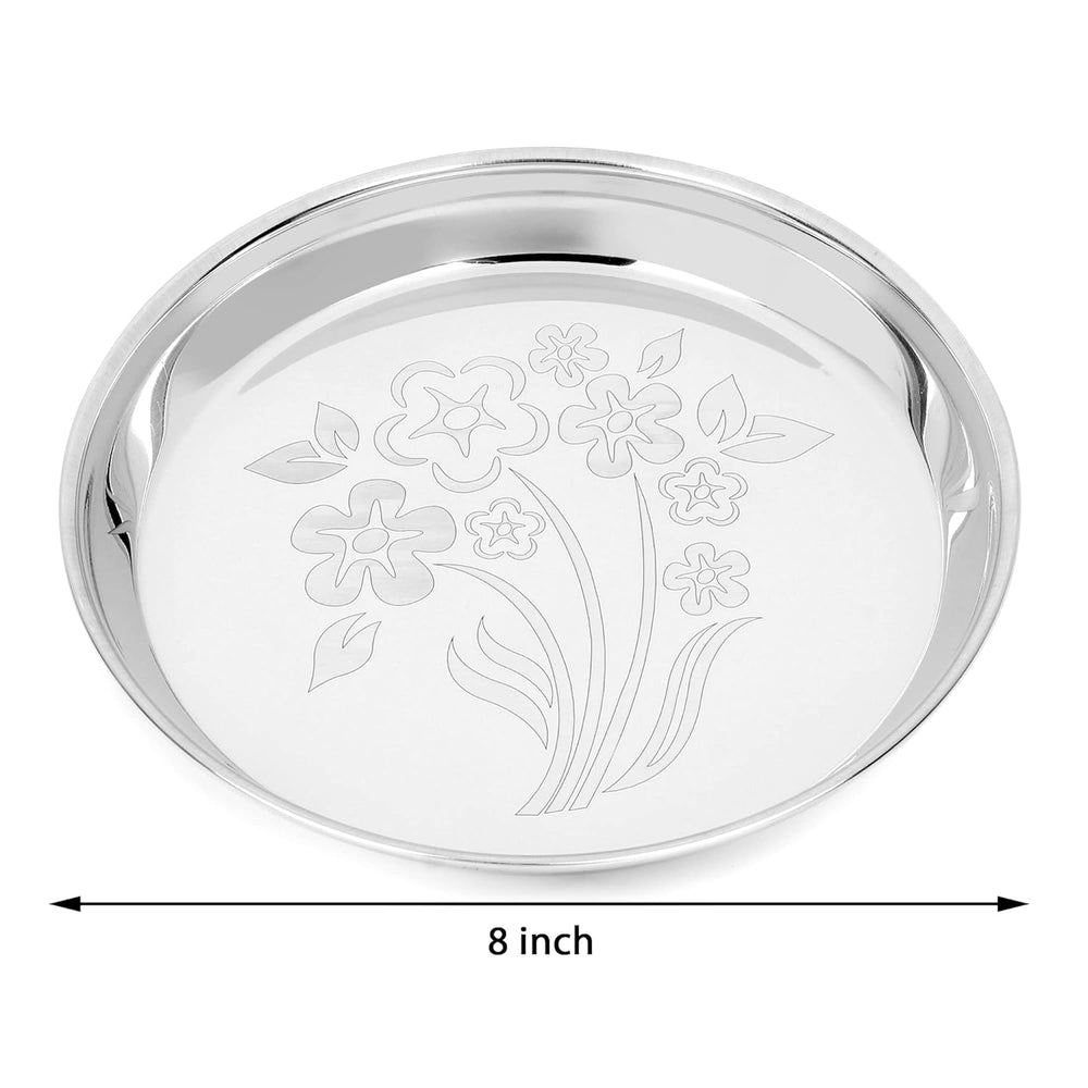 
                  
                    sorabh steel Stainless Steel Printed Small Dinner Deep Thali Mirror Glossy Finish with Laser Flower Print Design 08 Inch (Pack 04, Small)
                  
                