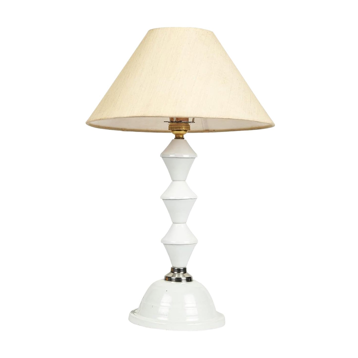Lexton White Metal Pillar Table Lamp with beige shade, perfect for bedside and living room décor.