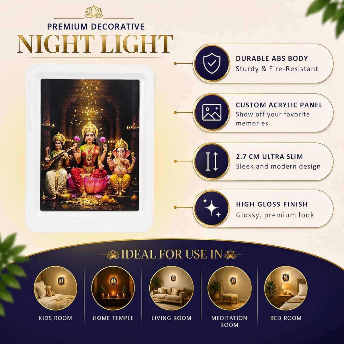 Lexton 5" LED Laxmi Ganesh Saraswati Night Light | Warm White