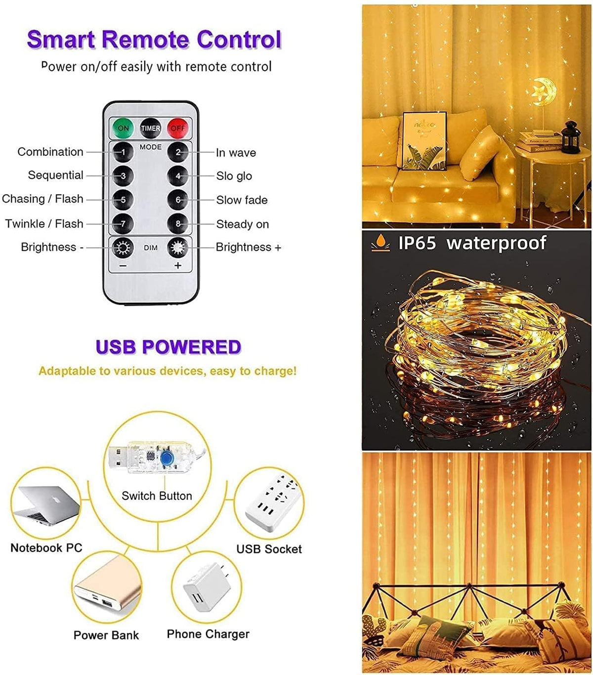Lexton 3M Copper Curtain Fairy Lights, 300 LED Warm White String Lights with Remote & USB Power