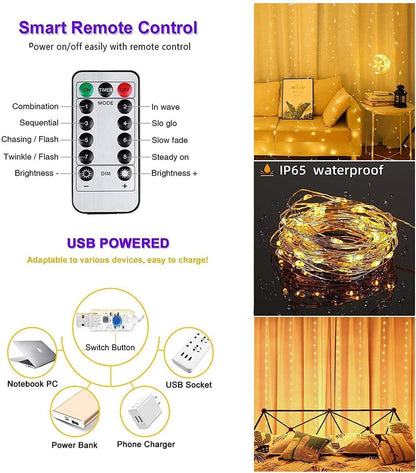 Lexton 3M Copper Curtain Fairy Lights, 300 LED Warm White String Lights with Remote & USB Power