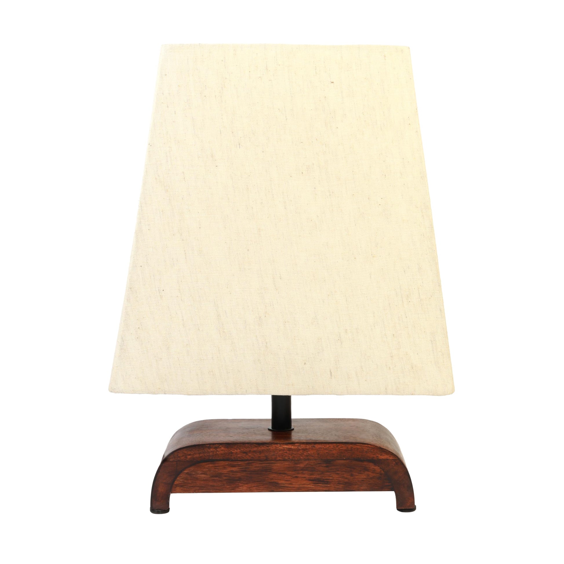 Table lamp with a wooden base and beige fabric shade on a white background