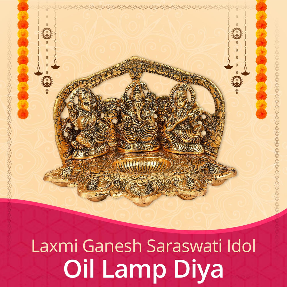 
                  
                    Klassic Laxmi Ganesh Saraswati Idol 5 Face Diya Oil Lamp Deepak Metal Showpiece Statue Traditional Diya for Diwali Puja , Home Decoration ( Pack of 1 , Gold )
                  
                
