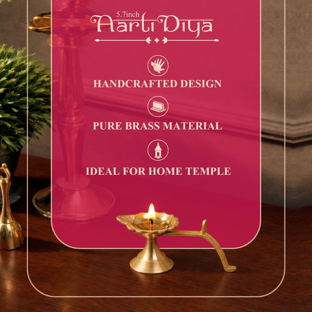 Klassic 5.7 Inch Pure Brass Aarti Diya for Puja, Home Temple, Mandir & Diwali Decor