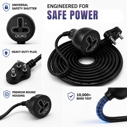 Ocko 10M Heavy-Duty 3-Pin Extension Cord | 10A 1500W Power Cable