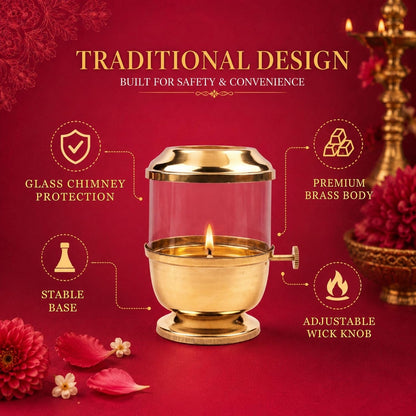Klassic Pure Brass Akhand Diya 6 Inch with Glass Cover & Adjustable Bati