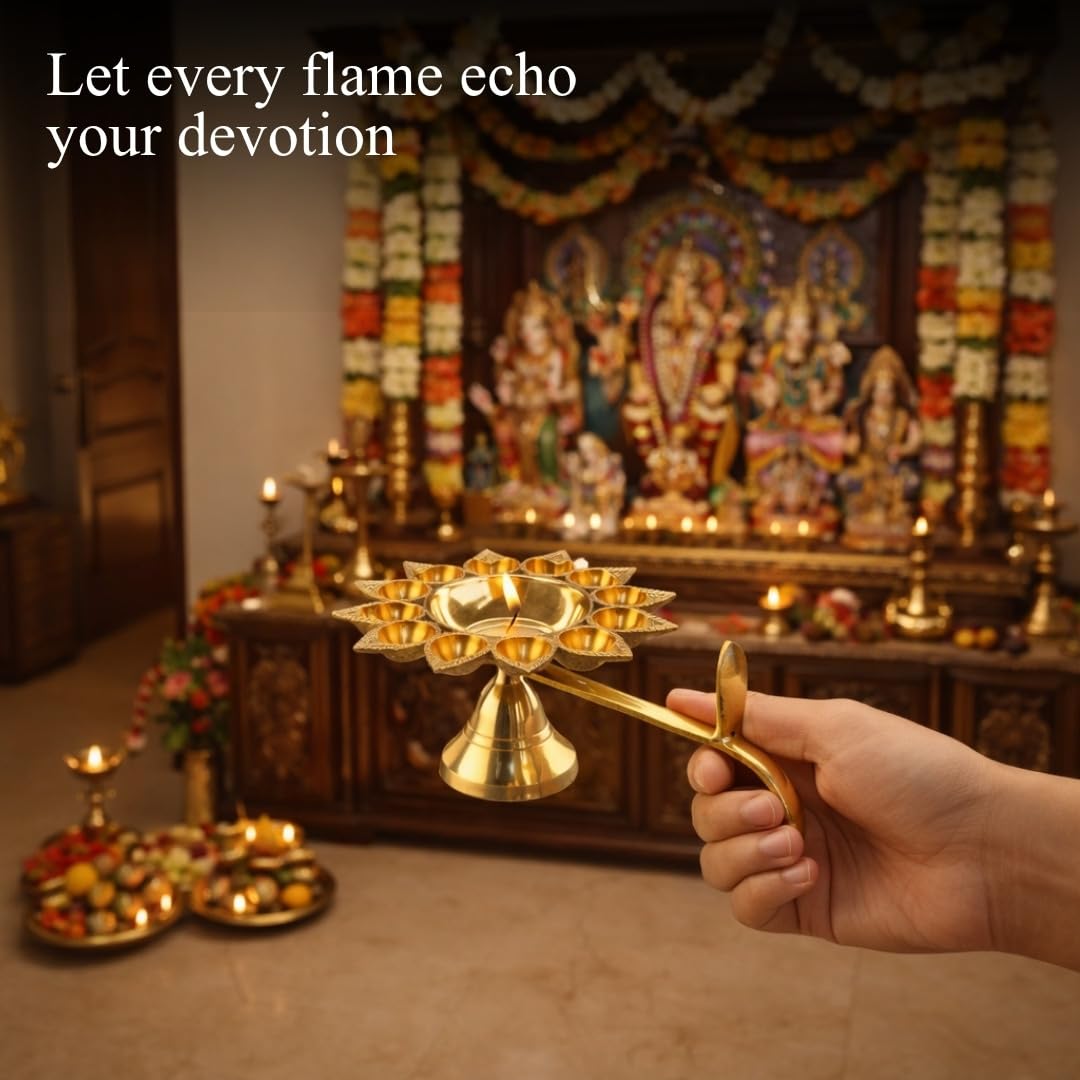 Klassic 9 Inch Brass Aarti Diya with 11 Small Batti & 1 Big Batti for Mandir, Aarti & Puja