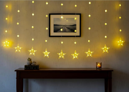 Lexton Warm White Star Curtain Lights | 81 LEDs, 8 Flash Modes for Home, Party & Festival Decor
