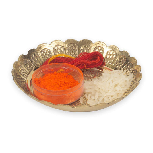 Klassic Engraved Small Brass Pooja Thali for Prasad Bhog, Diya Thali in Mandir (Gold), 5 Inch iCraft by Eagle