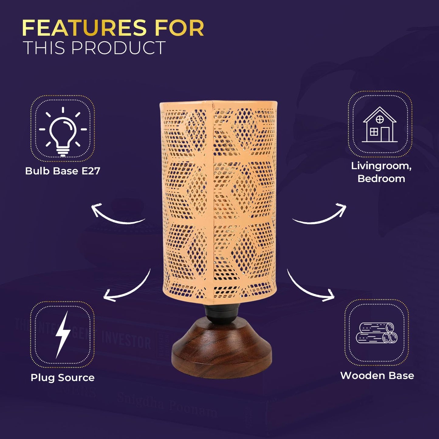 Lexton Moroccan Style Hand-Etched Iron Made Bedside Table lamp | Black Metal Round Frame, E27 Bulb Holder, Wooden Stand, Corded | Suitable for Home Decoration Office (Pack of 1, Bulb Not Included)
