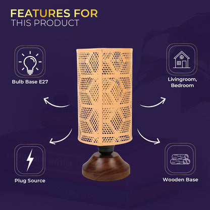 Lexton Moroccan Style Hand-Etched Iron Made Bedside Table lamp | Black Metal Round Frame, E27 Bulb Holder, Wooden Stand, Corded | Suitable for Home Decoration Office (Pack of 1, Bulb Not Included)