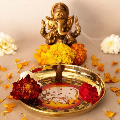 Klassic 8 Inch Handcrafted Brass Aarti Thali with Cow Design for Puja, Diwali & Navratri