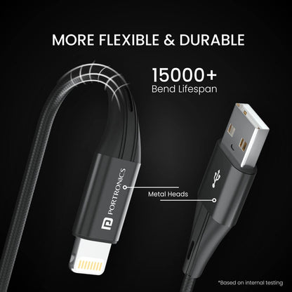 Portronics Lightning Cable 2 A 1 m Konnect B+  (Compatible with Smartphones, Laptop, Headphones, Camera, Black, One Cable)