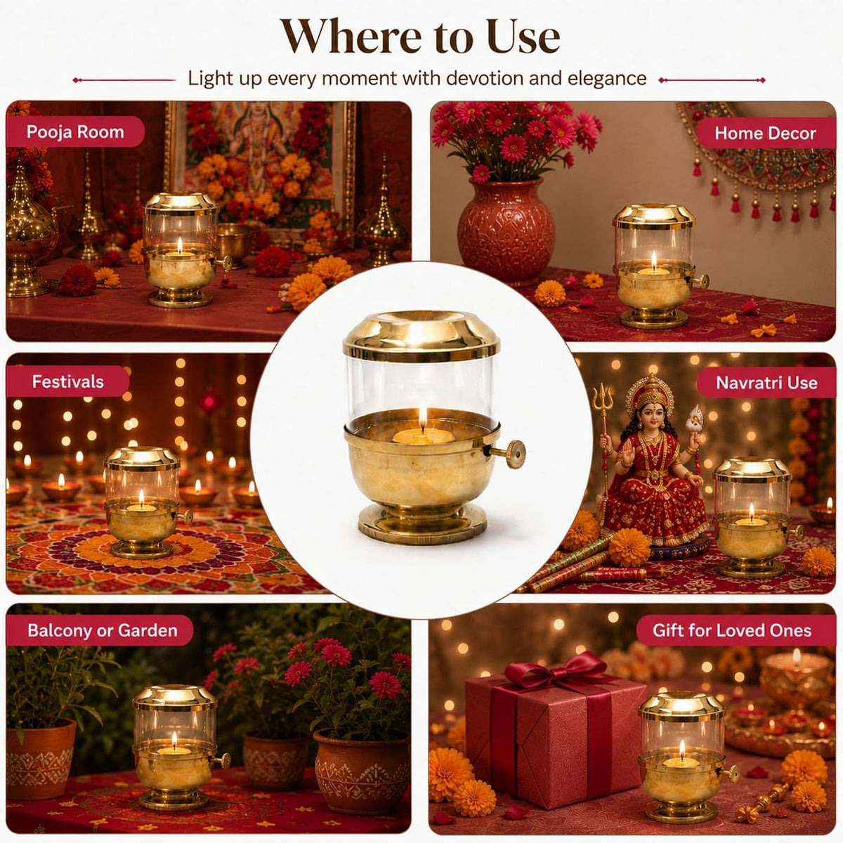 Klassic Pure Brass Akhand Diya 6 Inch with Glass Cover & Adjustable Bati