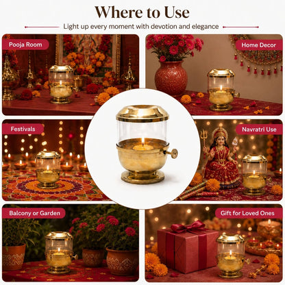 Klassic Pure Brass Akhand Diya 6 Inch with Glass Cover & Adjustable Bati