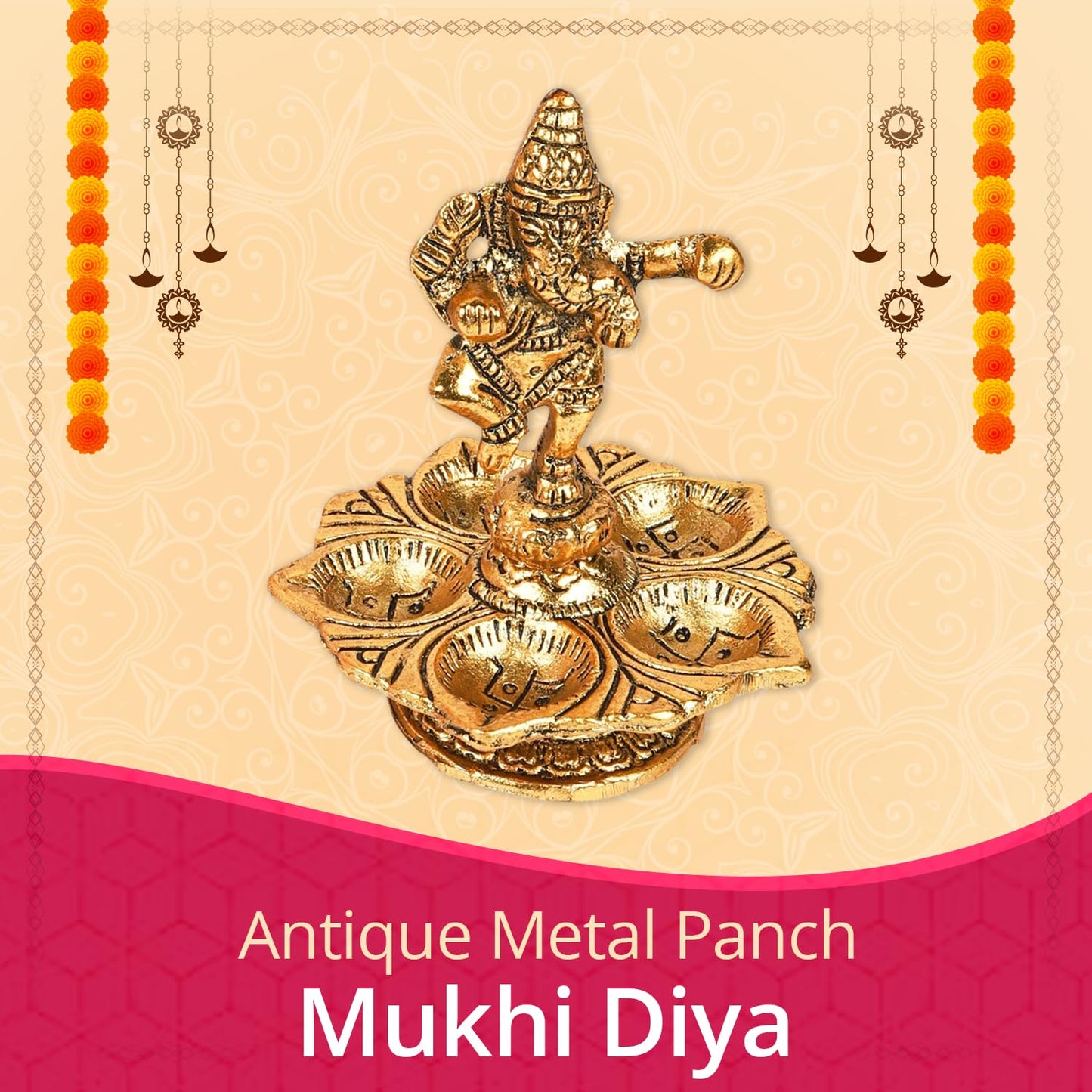 Klassic Antique Ganeshaji Metal Diya | Gold Plated 5 Batti Oil Lamp
