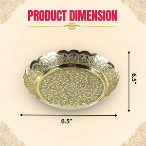 
                  
                    Klassic Brass Puja Thali/Bhog Thali with Flower Embossed Design for Mandir Home & Temple Decoration & Gifting (Gold, 6.5 Inch Diameter), 1 Pcs
                  
                