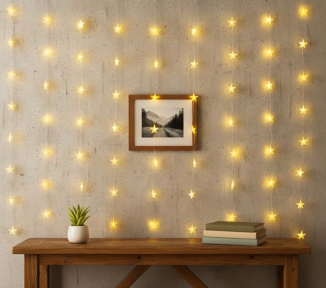 Lexton Warm White Star Curtain Lights | 80 LEDs, 8 Modes, USB Powered