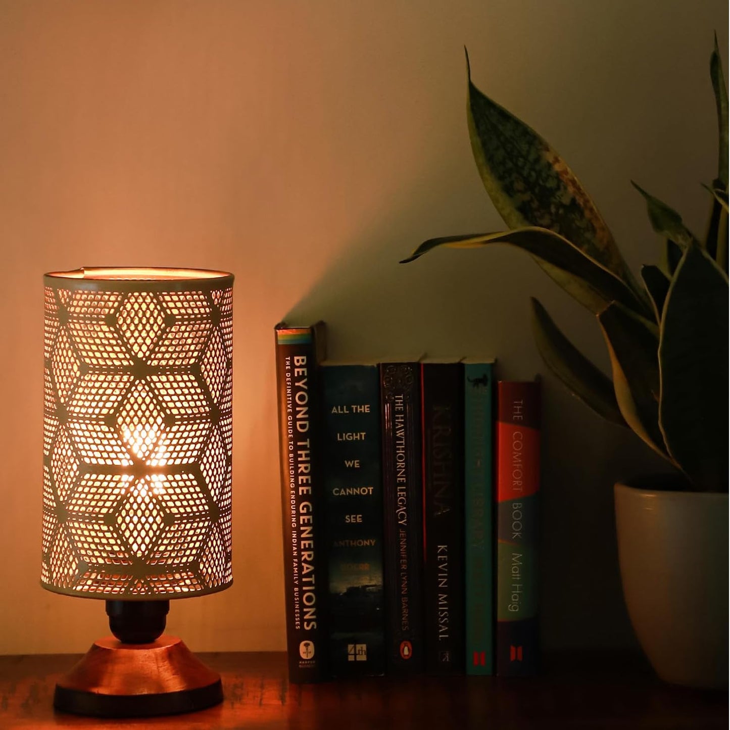 Lexton Moroccan Style Hand-Etched Iron Made Bedside Table lamp | Black Metal Round Frame, E27 Bulb Holder, Wooden Stand, Corded | Suitable for Home Decoration Office (Pack of 1, Bulb Not Included)