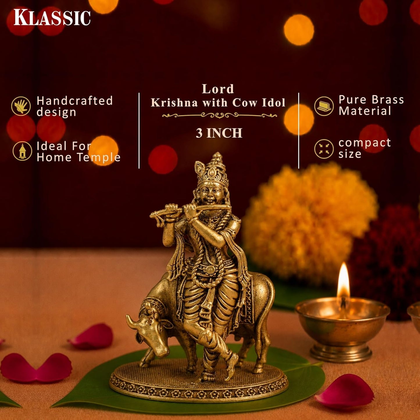 Klassic 3 Inch Brass Lord Krishna Idol with Cow | Mandir & Home Decor