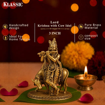 Klassic 3 Inch Brass Lord Krishna Idol with Cow | Mandir & Home Decor