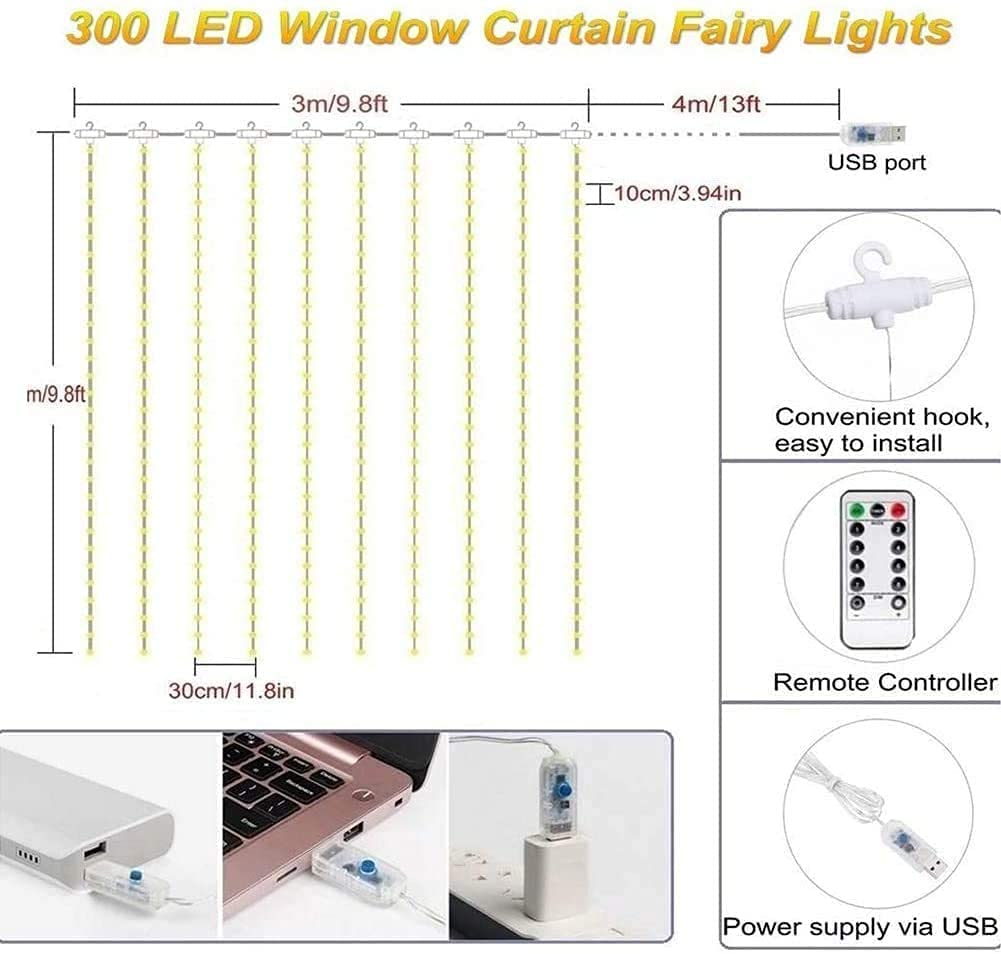 Lexton 3M Copper Curtain Fairy Lights, 300 LED Warm White String Lights with Remote & USB Power