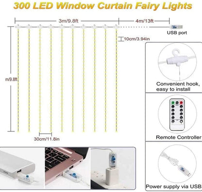 Lexton 3M Copper Curtain Fairy Lights, 300 LED Warm White String Lights with Remote & USB Power