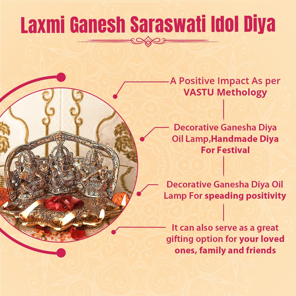 
                  
                    Klassic Laxmi Ganesh Saraswati Idol 5 Face Diya Oil Lamp Deepak Metal Showpiece Statue Traditional Diya for Diwali Puja , Home Decoration ( Pack of 1 , Gold )
                  
                