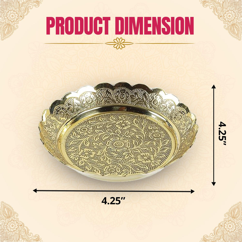 
                  
                    Klassic Brass Puja Thali/Bhog Thali with Flower Embossed Design for Mandir Home & Temple Decoration & Gifting (Gold, 4.25 Inch Diameter), 1 Pcs
                  
                