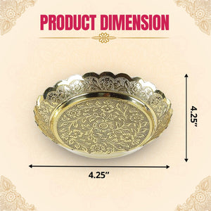 
                  
                    Klassic Brass Puja Thali/Bhog Thali with Flower Embossed Design for Mandir Home & Temple Decoration & Gifting (Gold, 4.25 Inch Diameter), 1 Pcs
                  
                