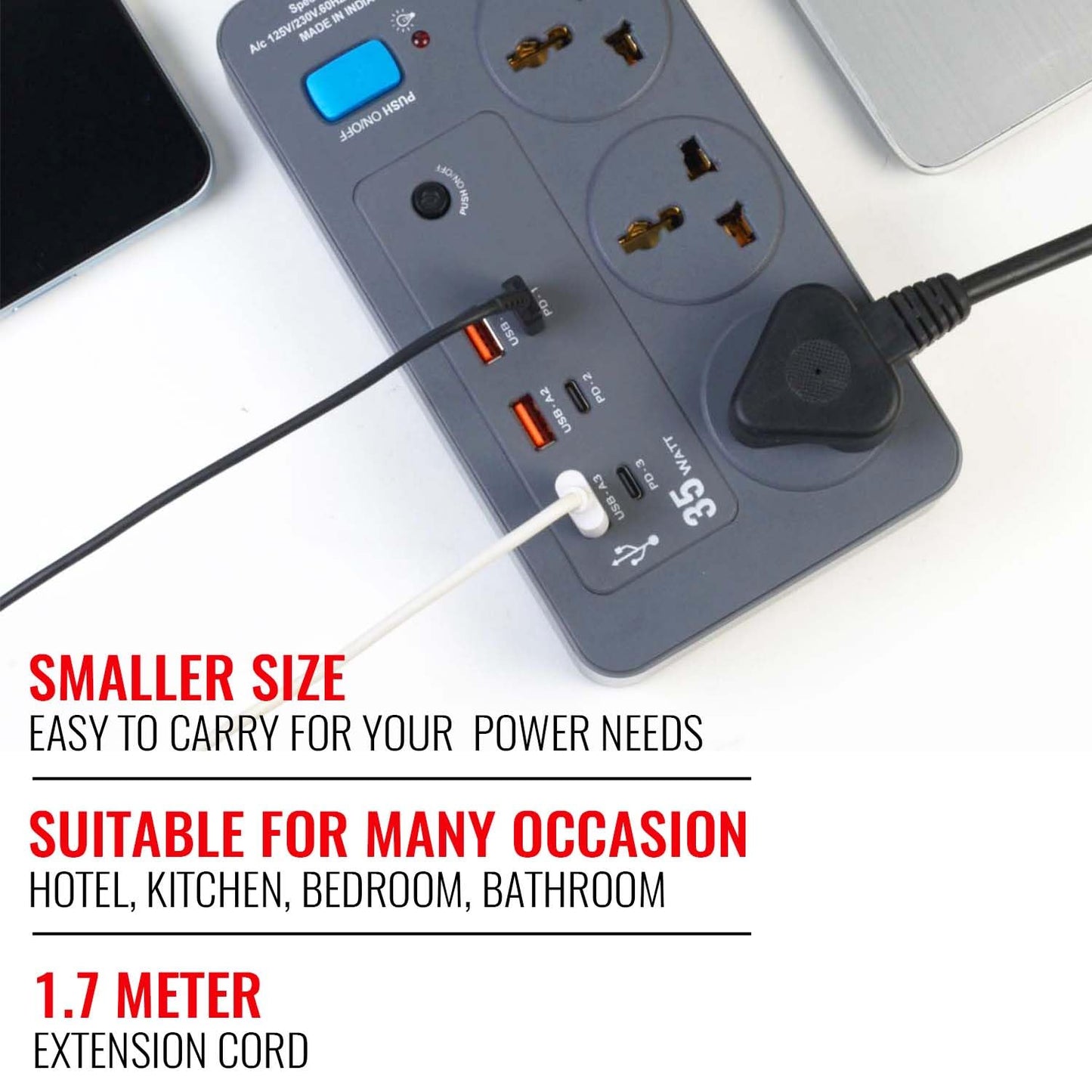 Spartan Extension Board 10A | 3 Sockets, 3 USB, 3 PD Charging