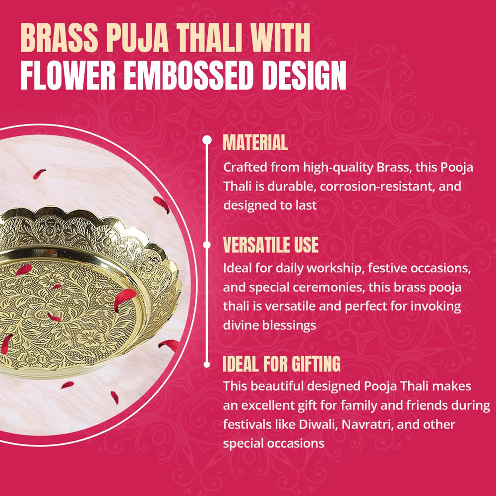 
                  
                    Klassic Brass Puja Thali/Bhog Thali with Flower Embossed Design for Mandir Home & Temple Decoration & Gifting (Gold, 4.25 Inch Diameter), 1 Pcs
                  
                