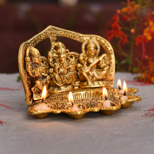 Klassic Laxmi Ganesh Saraswati 5 Face Diya ( Goden Finsh)