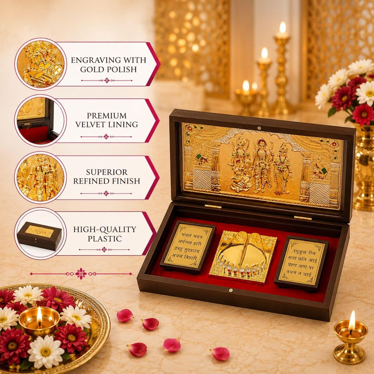 Klassic Ram Darbar Plastic Pooja Box with Hanuman Ji & Gold Plated Temple Frame